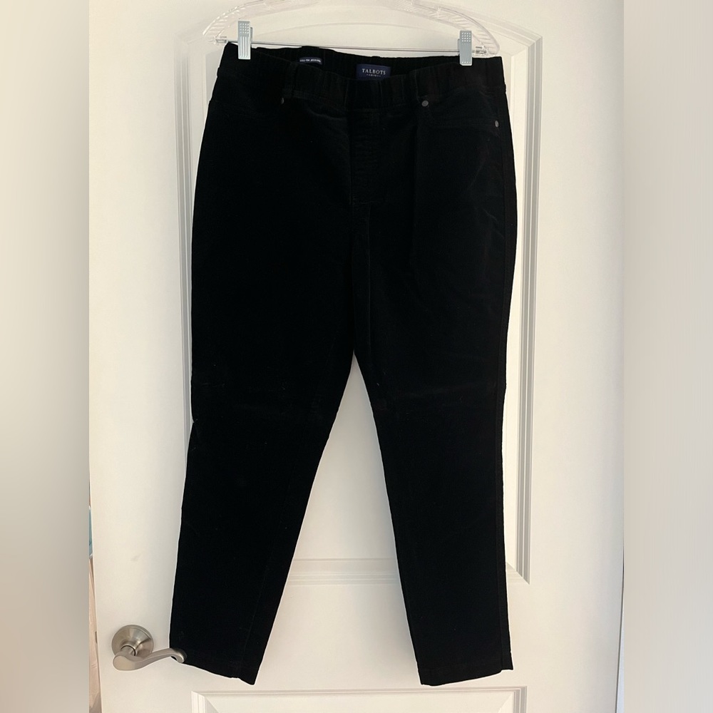Talbots corduroy pull on Jegging pant black womens 14 Petite short stretch waste